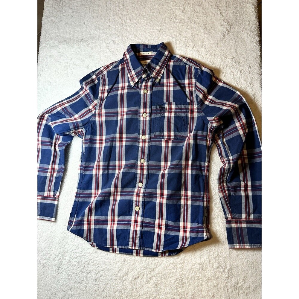 Abercrombie Kids Boys Muscle Sz S Plaid Long Sleeve Button Up Shirt Blue Red